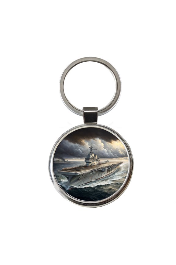 World War 2 WWII Navy Aircraft Carrier At Sea Metal Round Keychain