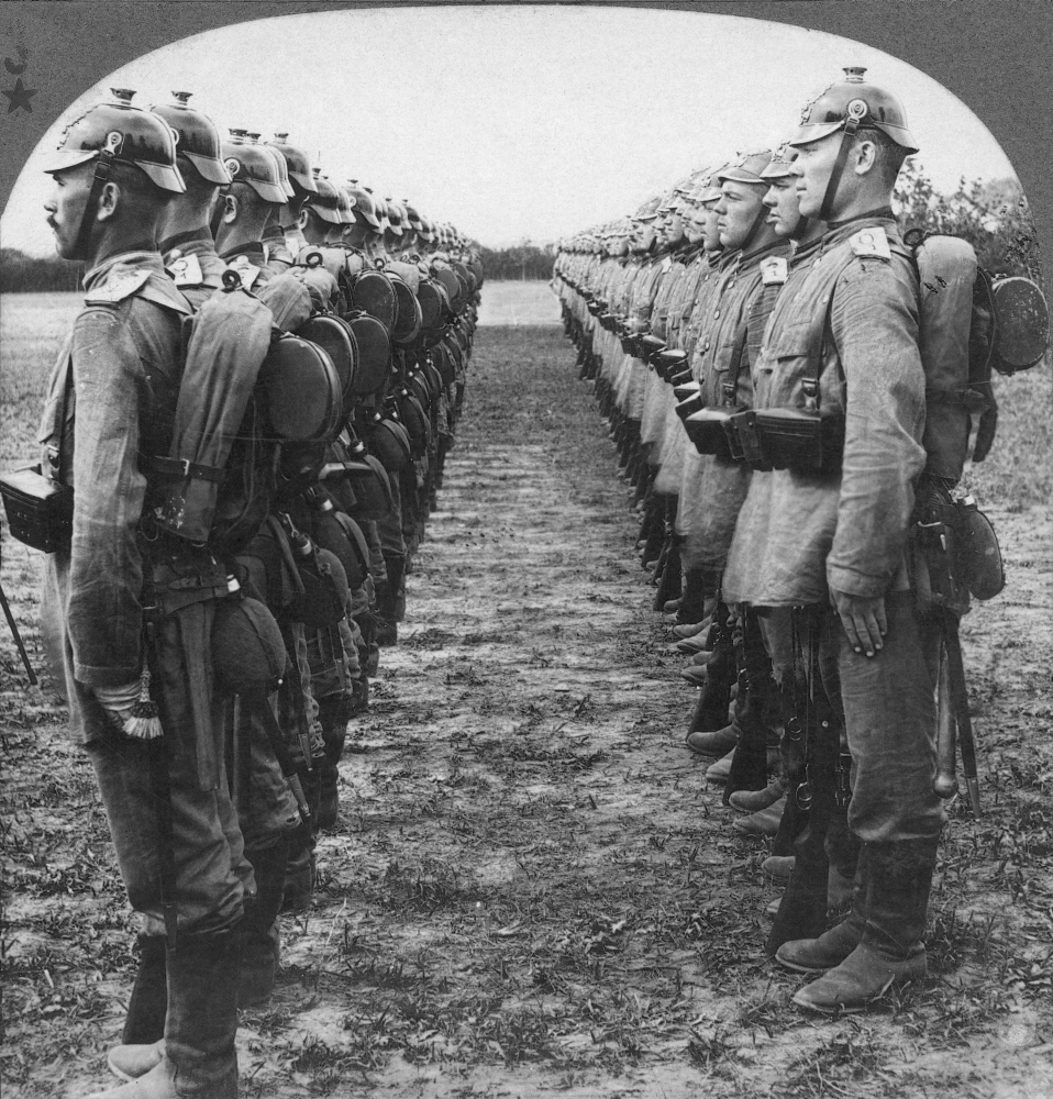 World War I German Troop. /Nhelmeted German Soldiers Lined Up For