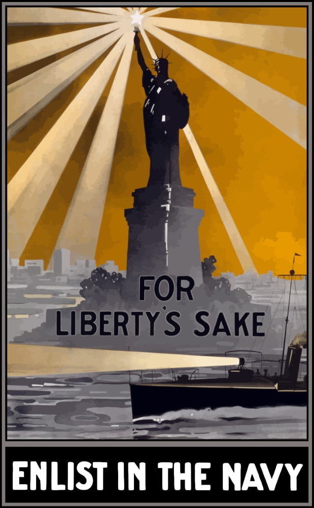 World War I poster featuring a ship with a spotlight sailing past the Statue of Liberty Canvas Art - John ParrotStocktrek Images (11 x 18)