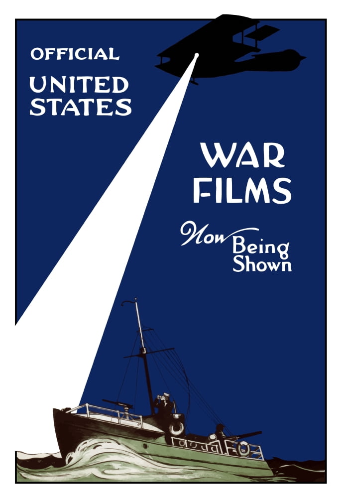 World War I poster of a Navy patrol boat in the sea and a plane shining a spotlight Canvas Art - John ParrotStocktrek Images (12 x 17)