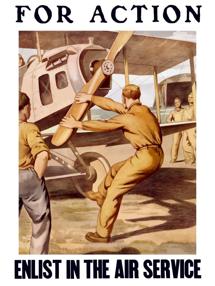 World War I poster of a US airman cranking the propeller of an airplane Canvas Art - John ParrotStocktrek Images (25 x 33)