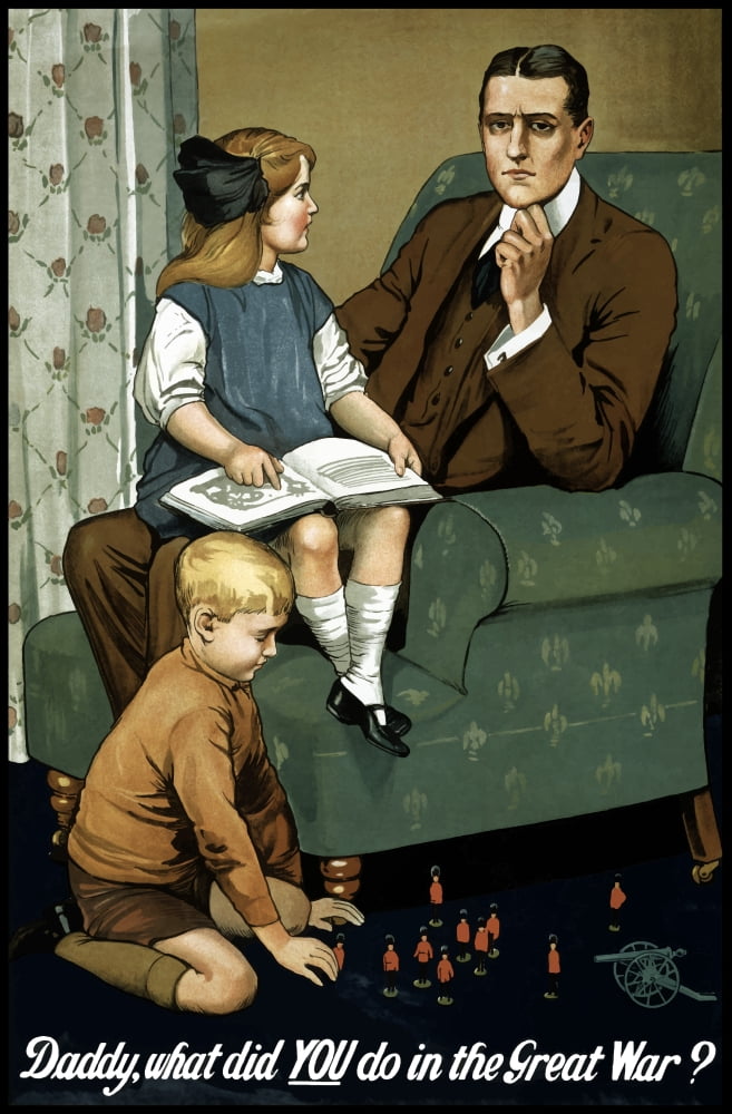 World War I poster of a little girl sitting on her fathers lap and a boy playing with toys Canvas Art - John ParrotStocktrek Images (23 x 35)