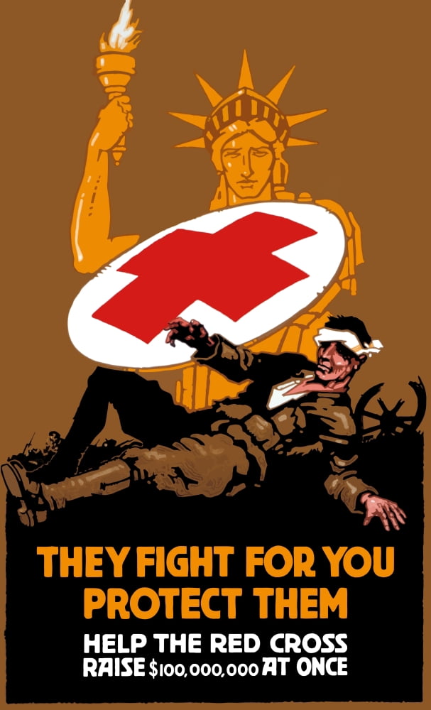 World War I poster of the Statue of Liberty covering a wounded soldier with a Red Cross shield Canvas Art - John ParrotStocktrek Images (22 x 37)