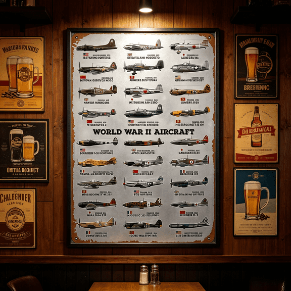 World War II Aircraft Vintage Metal Tin Sign Military Fighter Bomber Aviation History Wall Decor Man Cave Garage Bar Bathroom Home Dorm Office Pre Drilled Holes Easy Hang Army Navy Airplane Gift 12in