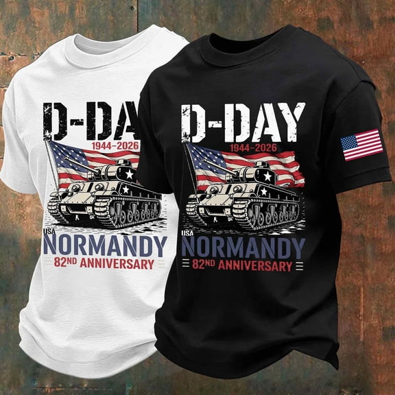 World War II D-Day Military Theme Graphic Print T-Shirt Crewneck Short Sleeve Historical Commemorative Tee Men
