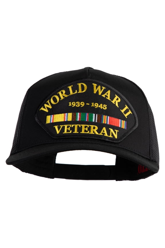 World War II Veteran 1939-1945 Patched Solid Cotton Twill 5 panel Mesh Back Cap - Black OSFM
