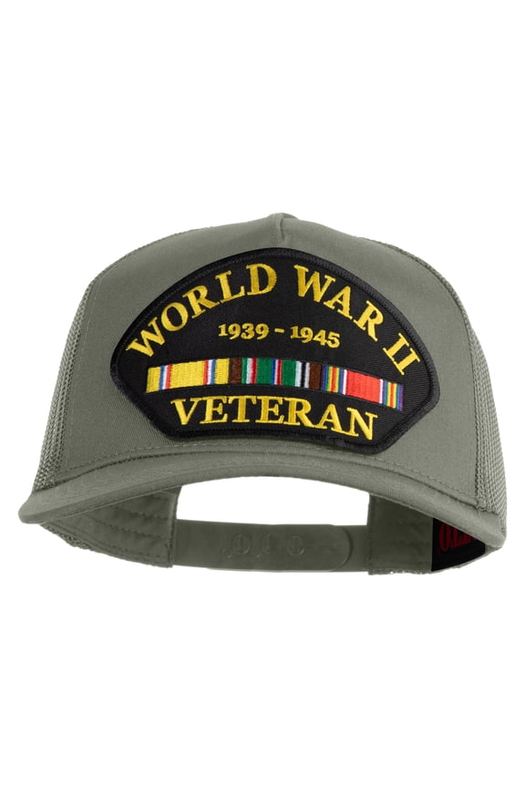 World War II Veteran 1939-1945 Patched Solid Cotton Twill 5 panel Mesh Back Cap - Grey OSFM