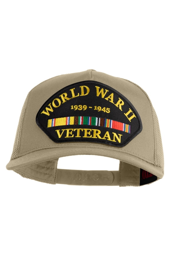 World War II Veteran 1939-1945 Patched Solid Cotton Twill 5 panel Mesh Back Cap - Khaki OSFM