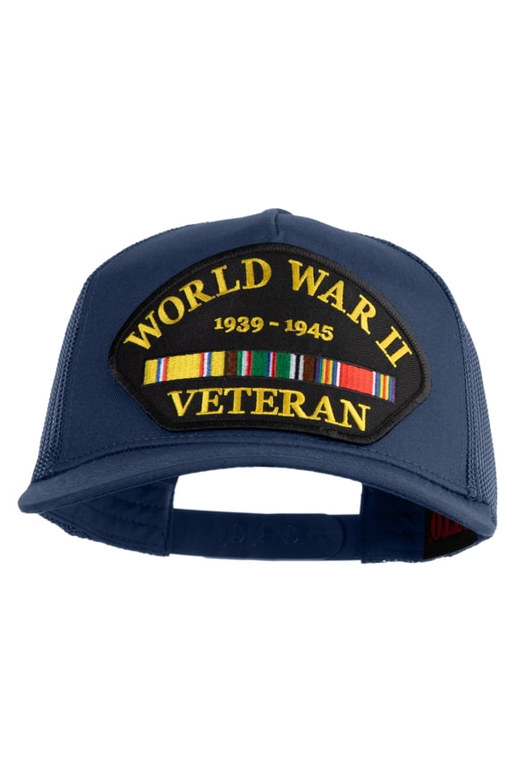 World War II Veteran 1939-1945 Patched Solid Cotton Twill 5 panel Mesh Back Cap - Navy OSFM