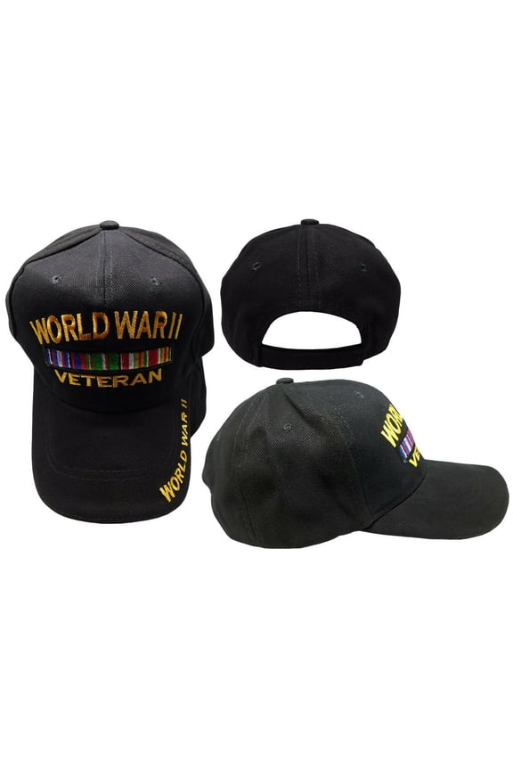 World War II WWII Veteran Ribbon Black 100% Cotton Embroidered Baseball Hat Cap