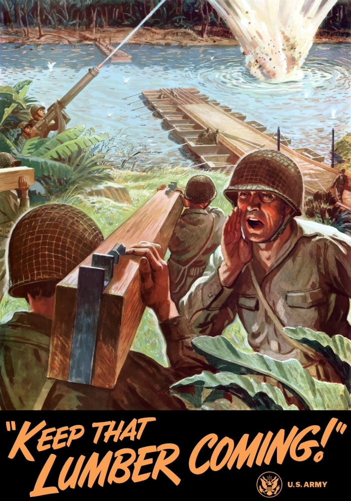 World War II poster of Army Engineers building a bridge across a river Canvas Art - John ParrotStocktrek Images (12 x 17)