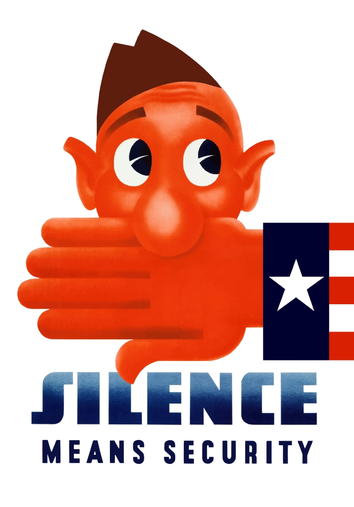 World War II poster of Uncle Sams hand covering the mouth of a cartoon soldier Canvas Art - John ParrotStocktrek Images (24 x 34)
