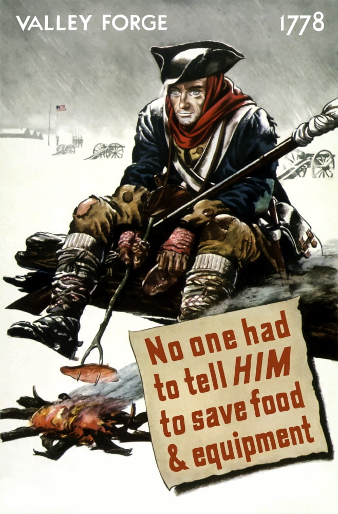 World War II poster of a Revolutionary War soldier cooking over a fire Canvas Art - John ParrotStocktrek Images (23 x 35)