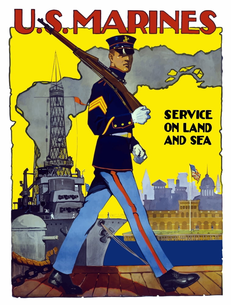 World War II poster of a US Marine marching along a dock Canvas Art - John ParrotStocktrek Images (13 x 17)