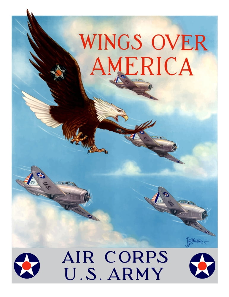 World War II poster of a bald eagle flying in the sky with fighter planes Canvas Art - John ParrotStocktrek Images (13 x 16)
