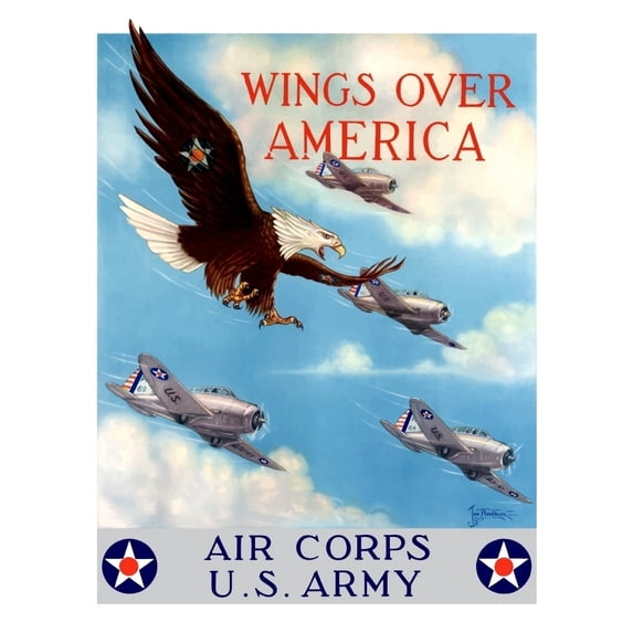 World War II poster of a bald eagle flying in the sky with fighter planes Poster Print