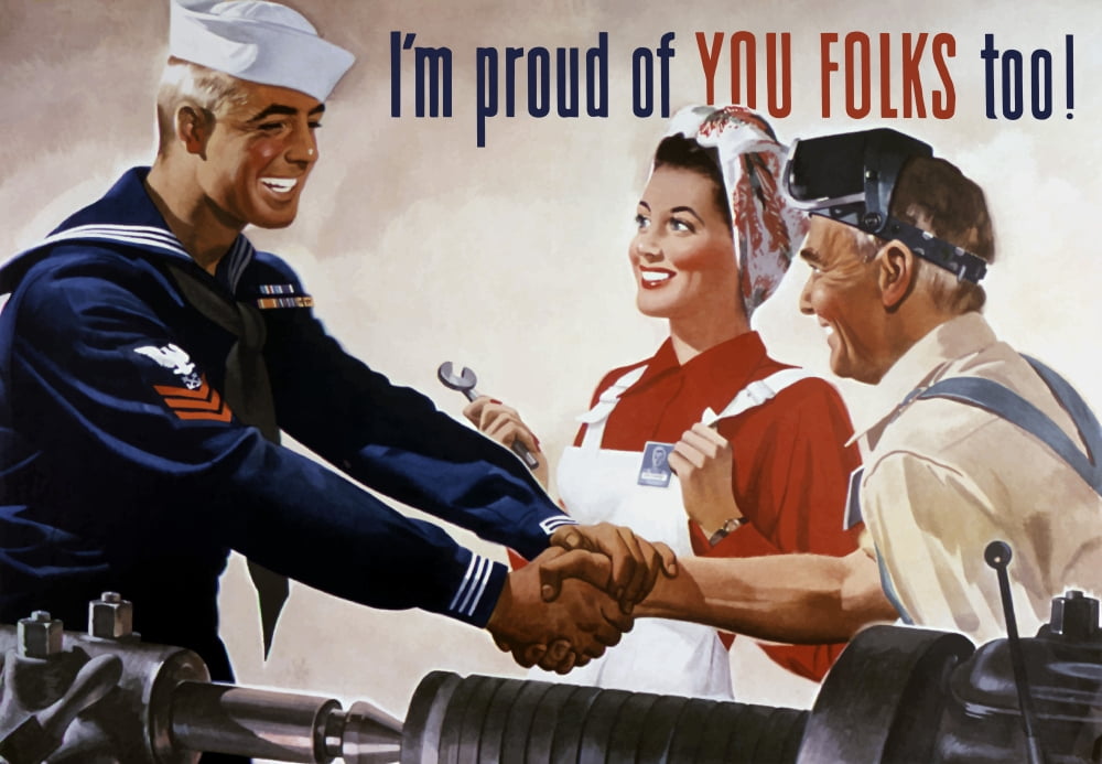 World War II poster of a sailor shaking hands with factory workers Canvas Art - John ParrotStocktrek Images (34 x 24)