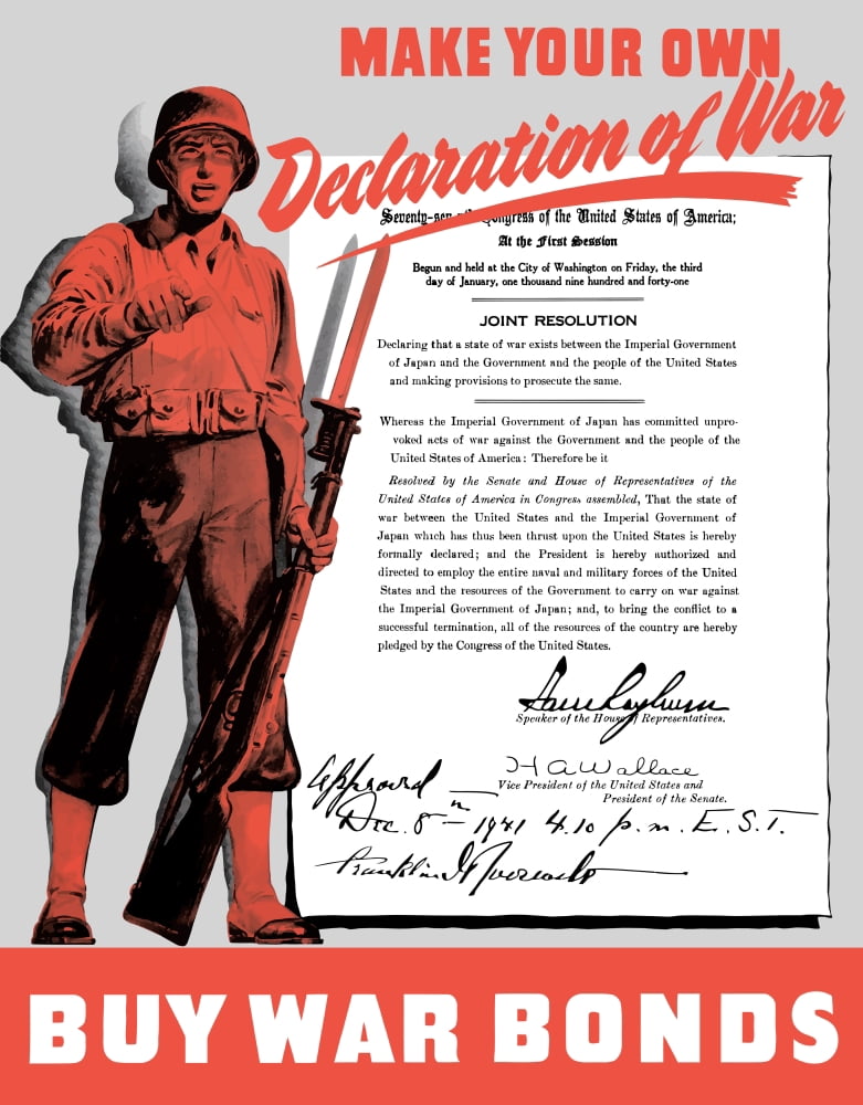 World War II poster of a soldier holding his rifle and Declaration of War on Japan Canvas Art - John ParrotStocktrek Images (25 x 32)