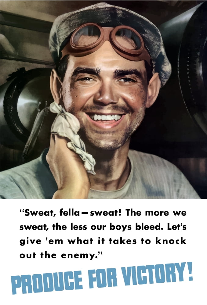 World War II poster of a sweating factory worker toweling off his face Canvas Art - John ParrotStocktrek Images (12 x 18)