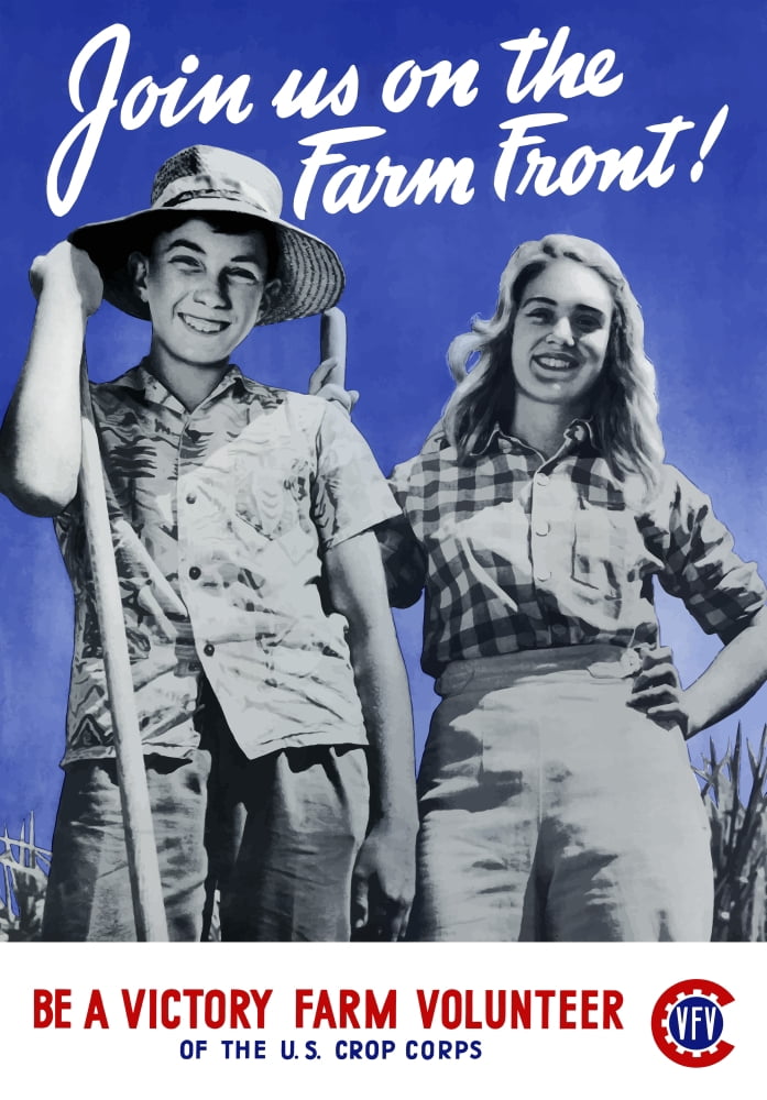 World War II poster of a young boy and girl working on a farm Canvas Art - John ParrotStocktrek Images (12 x 17)