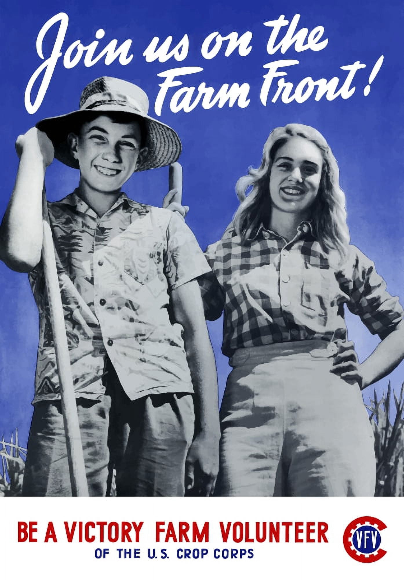 World War II poster of a young boy and girl working on a farm Canvas Art - John ParrotStocktrek Images (24 x 34)