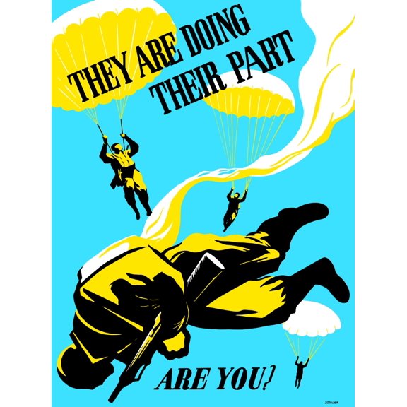 World War II poster of airborne troops parachuting into battle Canvas Art - John ParrotStocktrek Images (25 x 33)