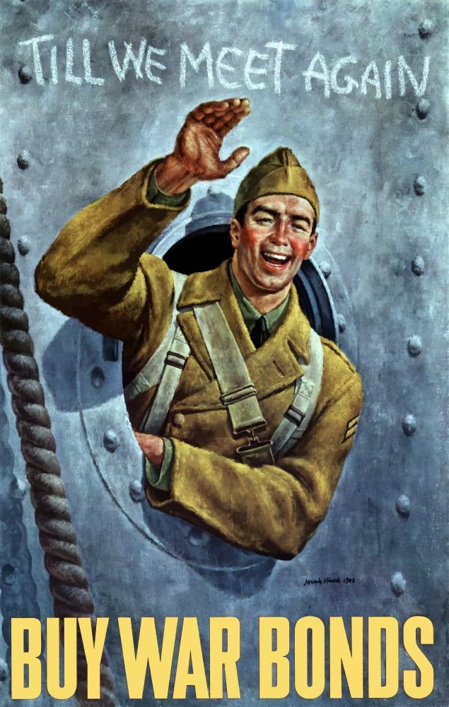 World War II poster of an American soldier waving from the porthole of a ship Canvas Art - John ParrotStocktrek Images (12 x 18)