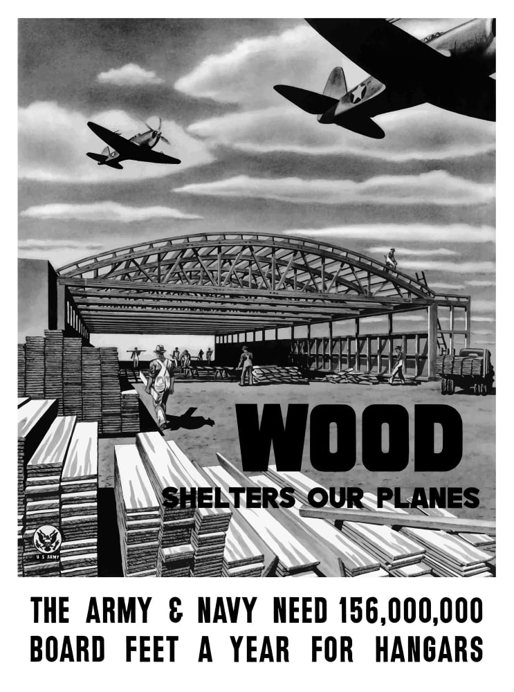 World War II poster of an aircraft hangar being built as planes fly overhead Canvas Art - John ParrotStocktrek Images (25 x 33)