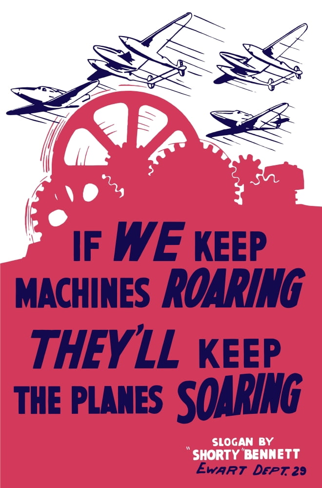 World War II poster of factory gears turning as fighter planes fly through the sky Canvas Art - John ParrotStocktrek Images (12 x 17)