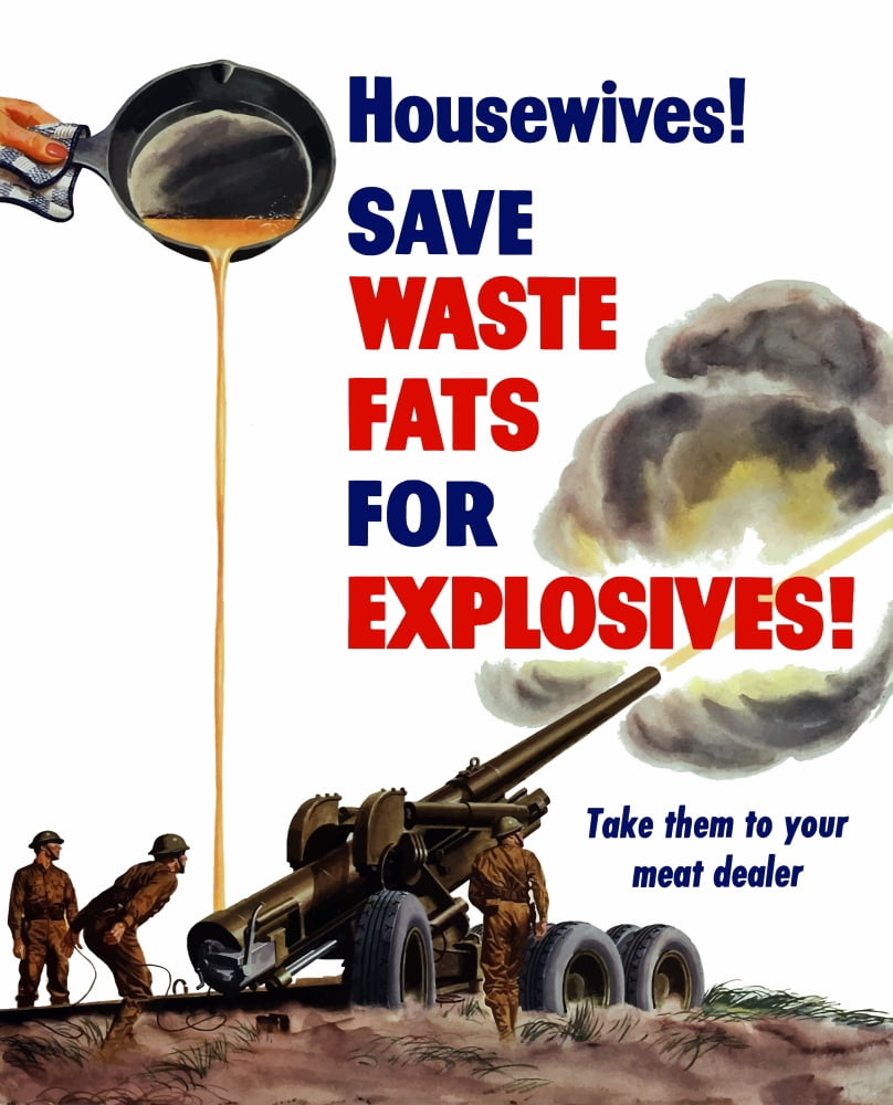 World War II poster of grease from a frying pan being poured into a firing artillery gun Canvas Art - John ParrotStocktrek Images (13 x 16)