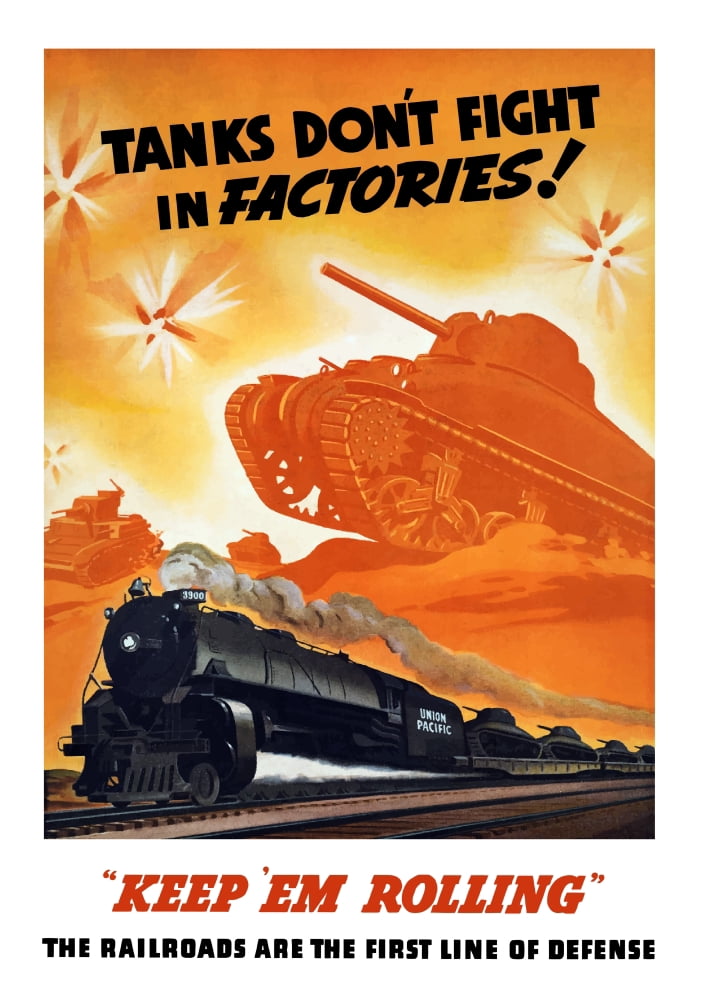 World War II poster of tanks rolling into battle and a locomotive in motion Canvas Art - John ParrotStocktrek Images (24 x 34)