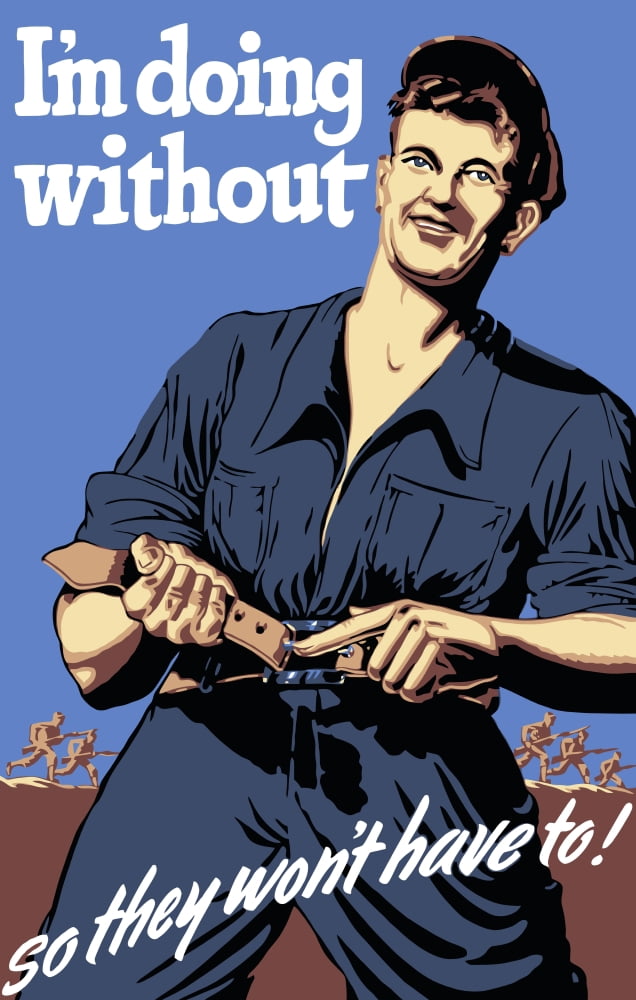 World War II propaganda poster featuring a man tightening his belt Canvas Art - John ParrotStocktrek Images (23 x 35)
