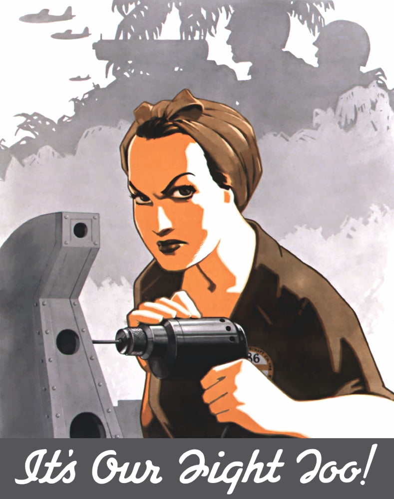 World War II propaganda poster of Rosie the Riveter operating a drill Canvas Art - John ParrotStocktrek Images (26 x 32)