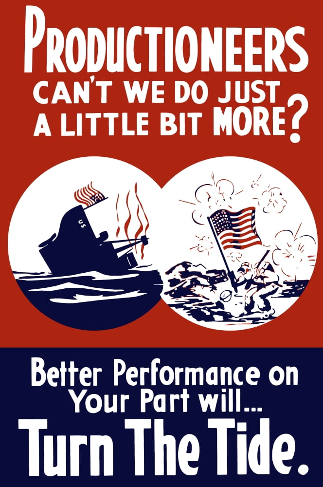World War II propaganda poster of a ship sinking and a soldier in combat Canvas Art - John ParrotStocktrek Images (23 x 35)