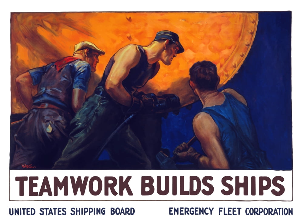 World War II propaganda poster of a team of men riveting the hull of a ship Canvas Art - John ParrotStocktrek Images (17 x 12)