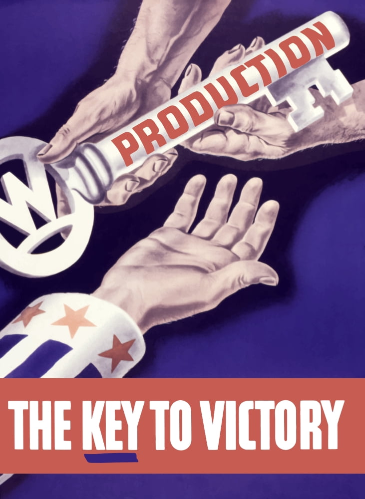World War II propaganda poster of someone giving a large key to the hand of Uncle Sam Canvas Art - John ParrotStocktrek Images (13 x 17)