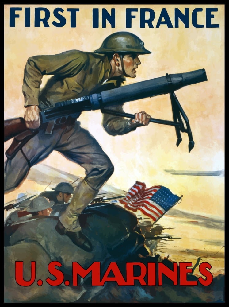 World War One poster of Marines charging into battle behind the American flag Canvas Art - John ParrotStocktrek Images (13 x 17)