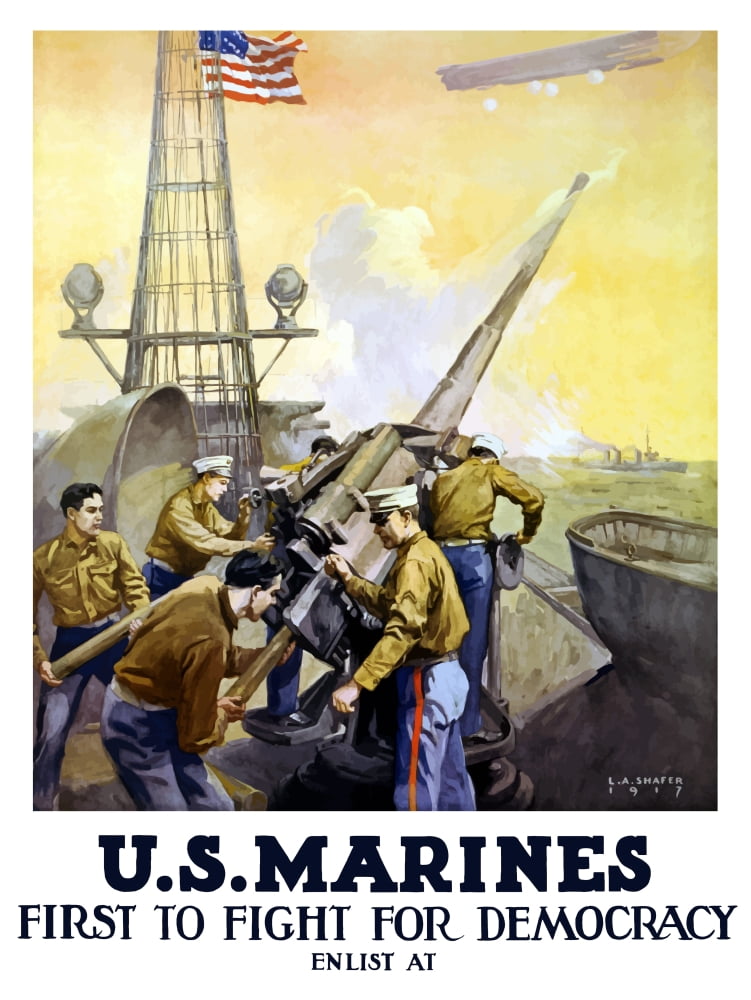 World War One poster of Marines firing artillery rounds on board a ship at sea Canvas Art - John ParrotStocktrek Images (25 x 33)