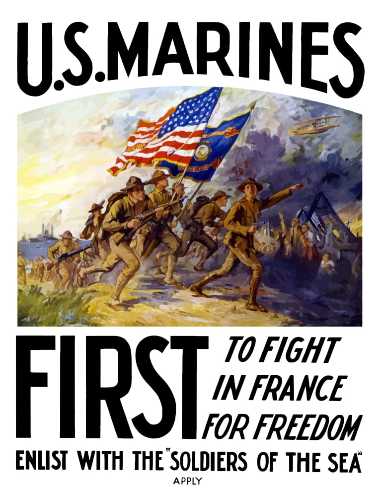 World War One poster of US Marines charging forward during a battle Canvas Art - John ParrotStocktrek Images (25 x 32)