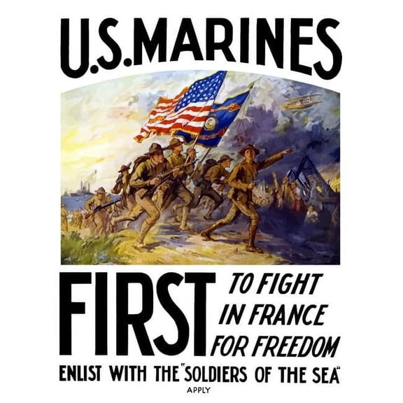 World War One poster of US Marines charging forward during a battle Poster Print