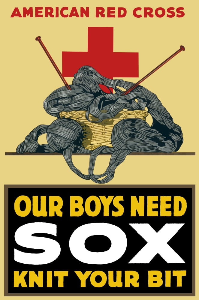 World War One poster of a basket of yarn two knitting needles and a red cross Canvas Art - John ParrotStocktrek Images (23 x 35)