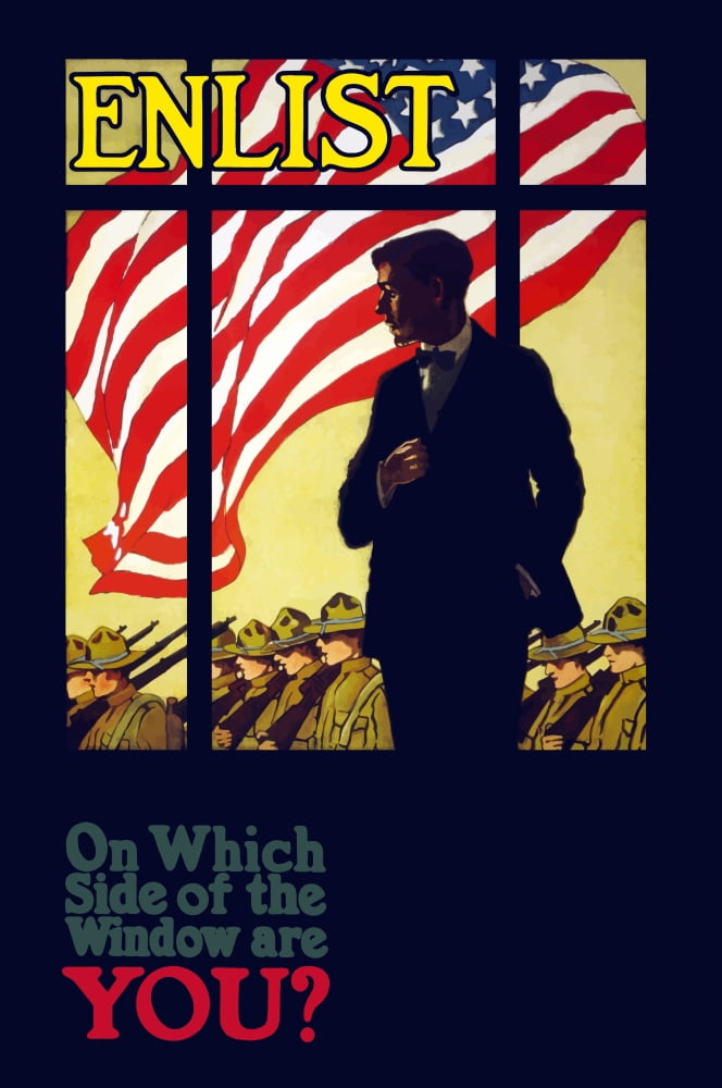 World War One poster of a man looking through a window as troops march past Canvas Art - John ParrotStocktrek Images (12 x 18)