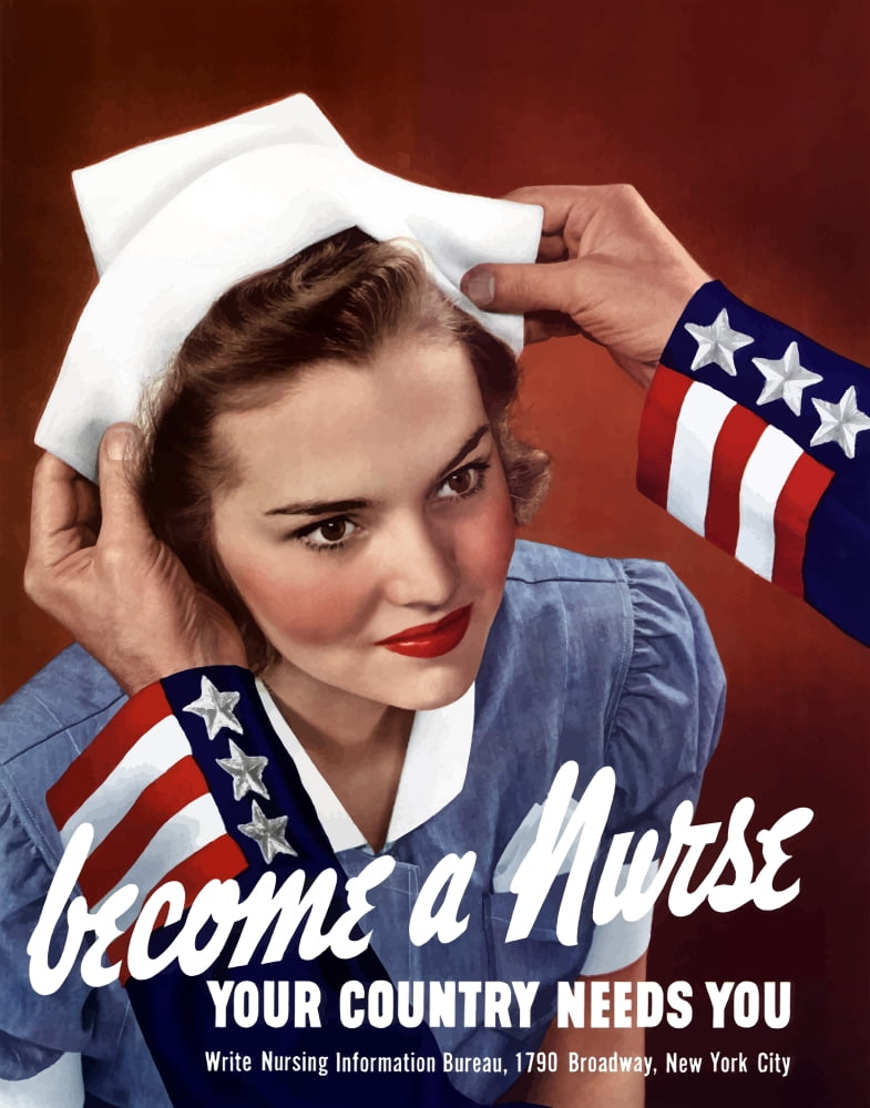 World War Two poster of Uncle Sam placing a hat on a smiling nurse Canvas Art - John ParrotStocktrek Images (13 x 16)