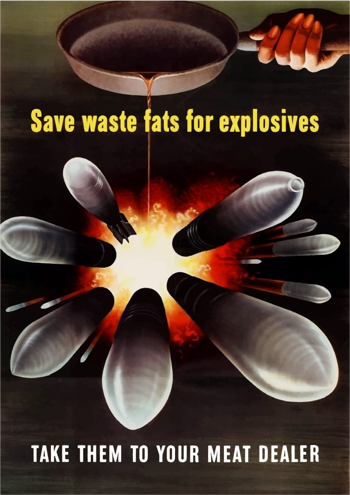 World War Two poster of grease from a cooking pan turning bombs Canvas Art - John ParrotStocktrek Images (24 x 34)