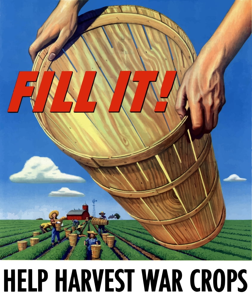 World War Two poster of workers harvesting crops in a field Canvas Art - John ParrotStocktrek Images (26 x 31)