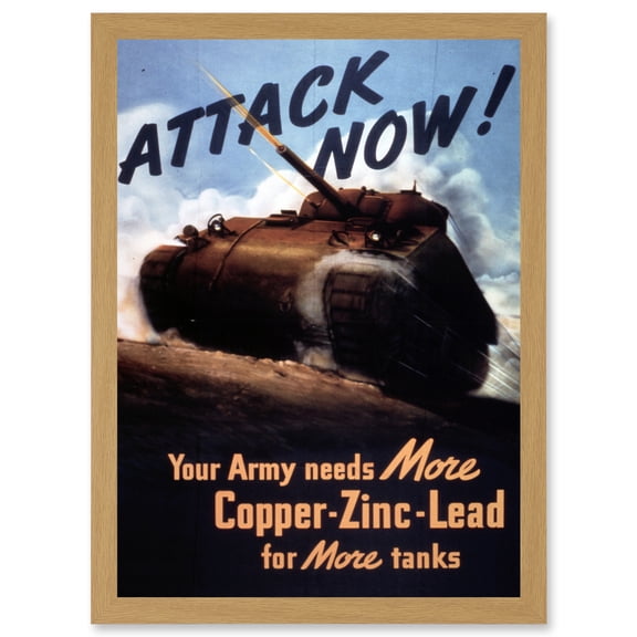 World War WW2 USA Attack Tank Metal Copper Zinc Lead A4 Artwork Framed Wall Art Print