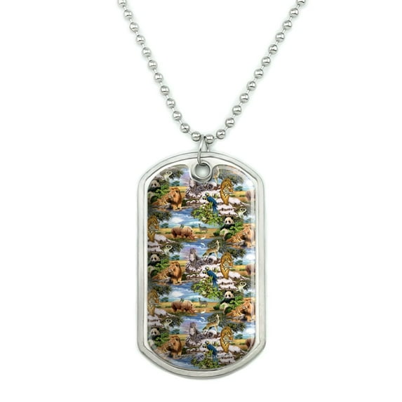 World Wildlife Snow Leopard Rhino Wolf Lion Pattern Military Dog Tag Pendant Necklace with Chain