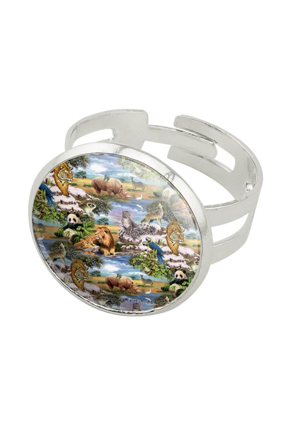 World Wildlife Snow Leopard Rhino Wolf Lion Pattern Silver Plated Adjustable Novelty Ring