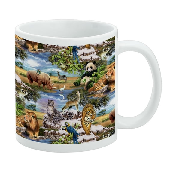 World Wildlife Snow Leopard Rhino Wolf Lion Pattern White Mug