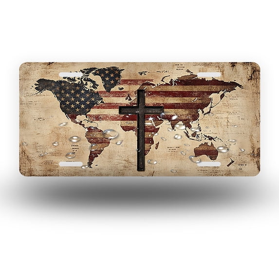 World map and cross emblem Front License Plate, Funny Standard Plates Personalized Novelty Decorative For Men/Women/Boys/Girls Car 6×12 Inch
